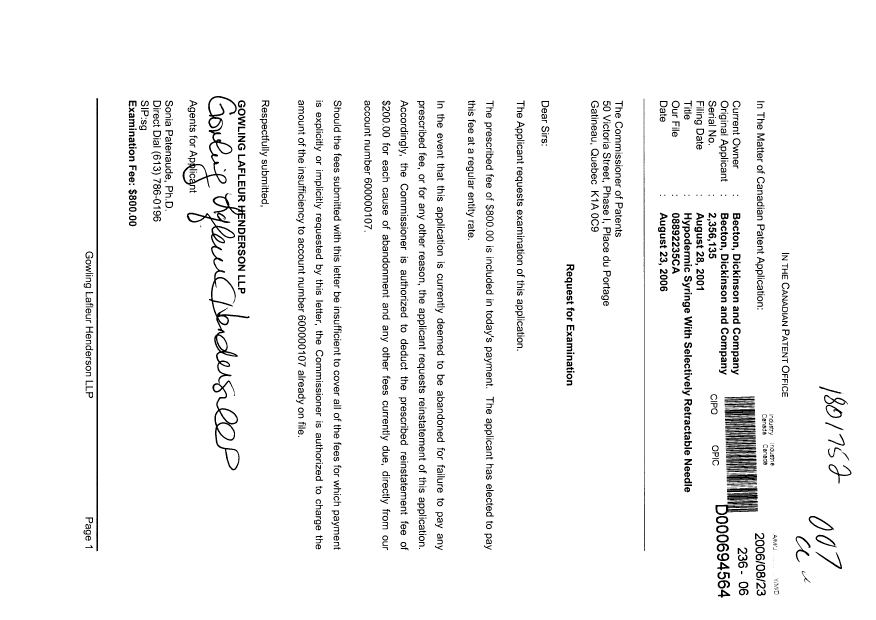 Canadian Patent Document 2356135. Prosecution-Amendment 20051223. Image 1 of 1