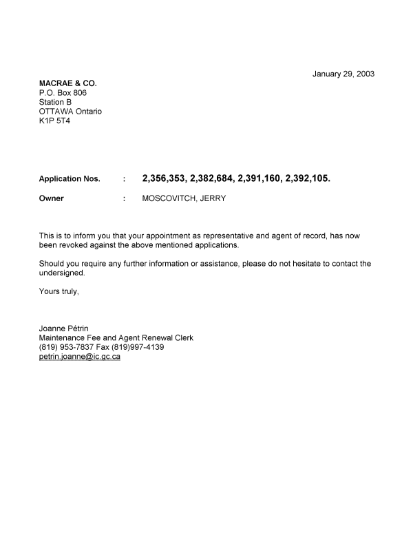 Canadian Patent Document 2356353. Correspondence 20030129. Image 1 of 1