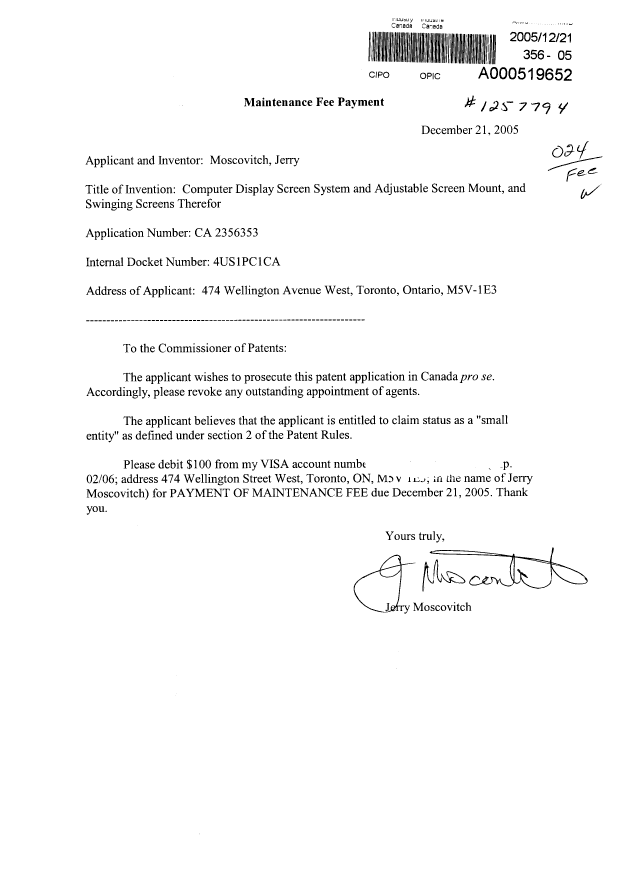Canadian Patent Document 2356353. Fees 20051221. Image 1 of 1