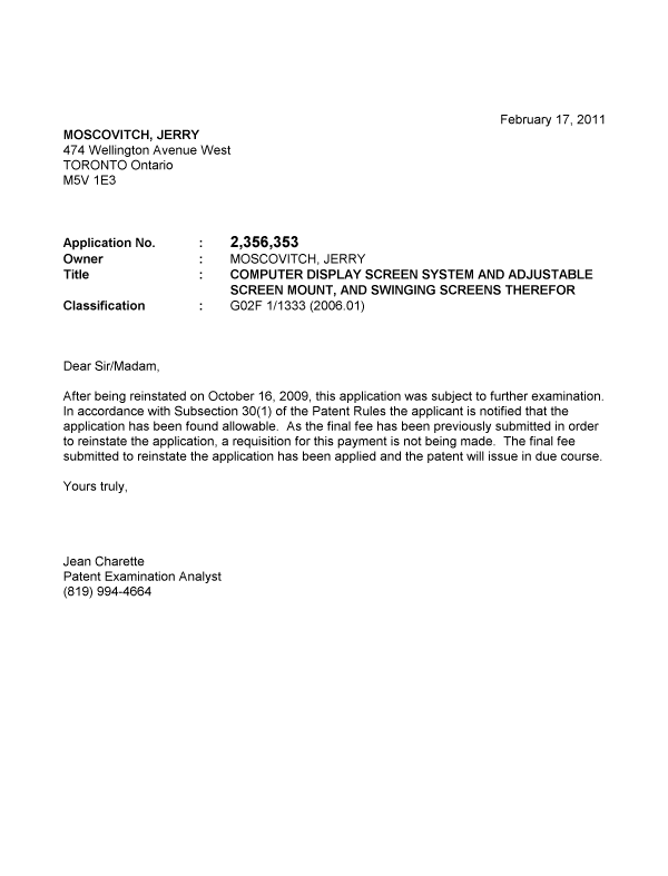 Canadian Patent Document 2356353. Correspondence 20110217. Image 1 of 1