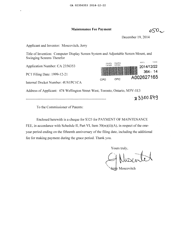 Canadian Patent Document 2356353. Fees 20141222. Image 1 of 1