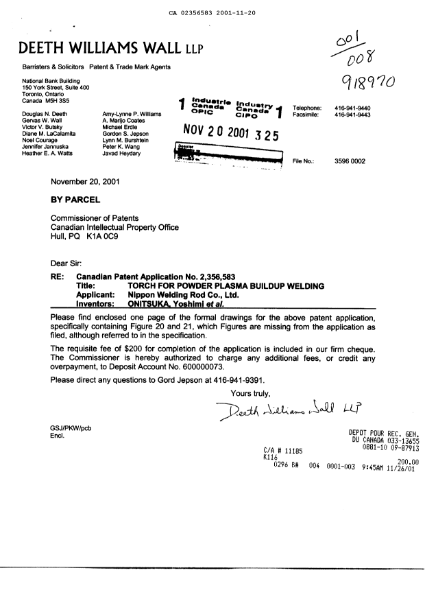 Canadian Patent Document 2356583. Prosecution-Amendment 20011120. Image 1 of 2