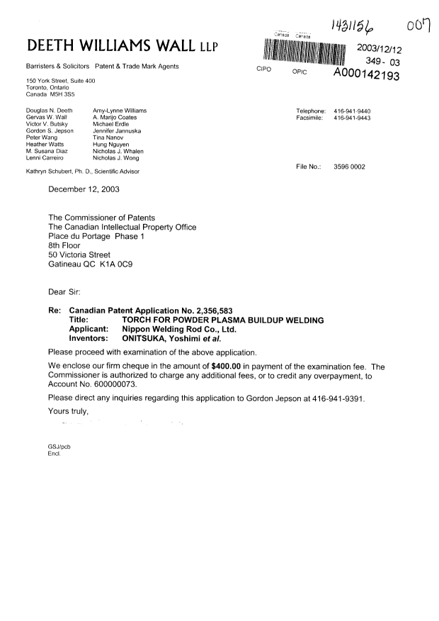 Canadian Patent Document 2356583. Prosecution-Amendment 20031212. Image 1 of 1