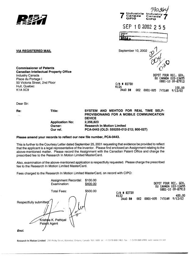 Document de brevet canadien 2356823. Cession 20020910. Image 1 de 4