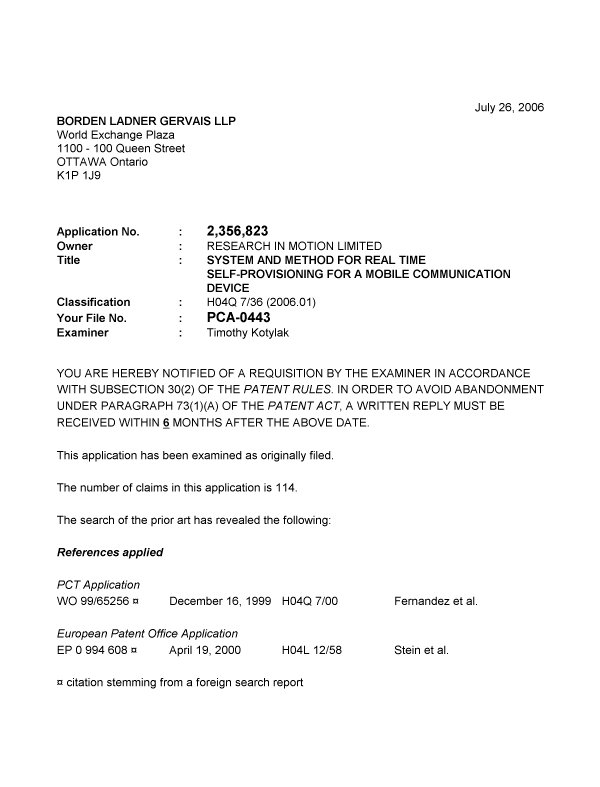 Canadian Patent Document 2356823. Prosecution-Amendment 20060726. Image 1 of 3