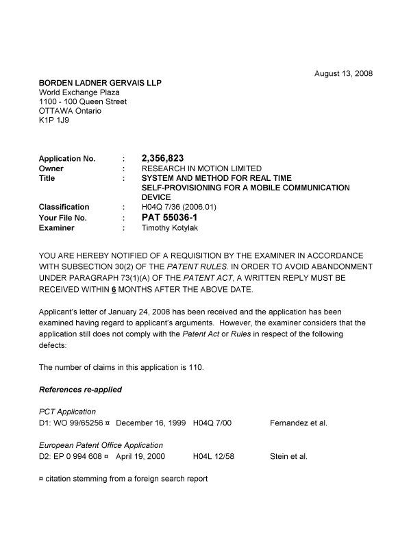 Canadian Patent Document 2356823. Prosecution-Amendment 20080813. Image 1 of 4
