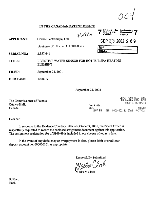 Document de brevet canadien 2357641. Cession 20020925. Image 1 de 2