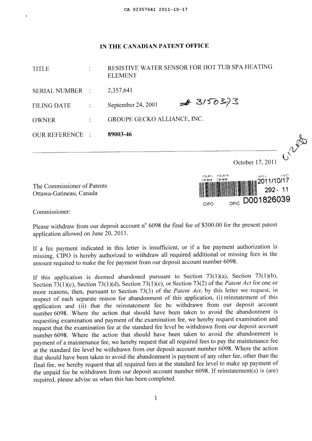 Document de brevet canadien 2357641. Correspondance 20111017. Image 1 de 1