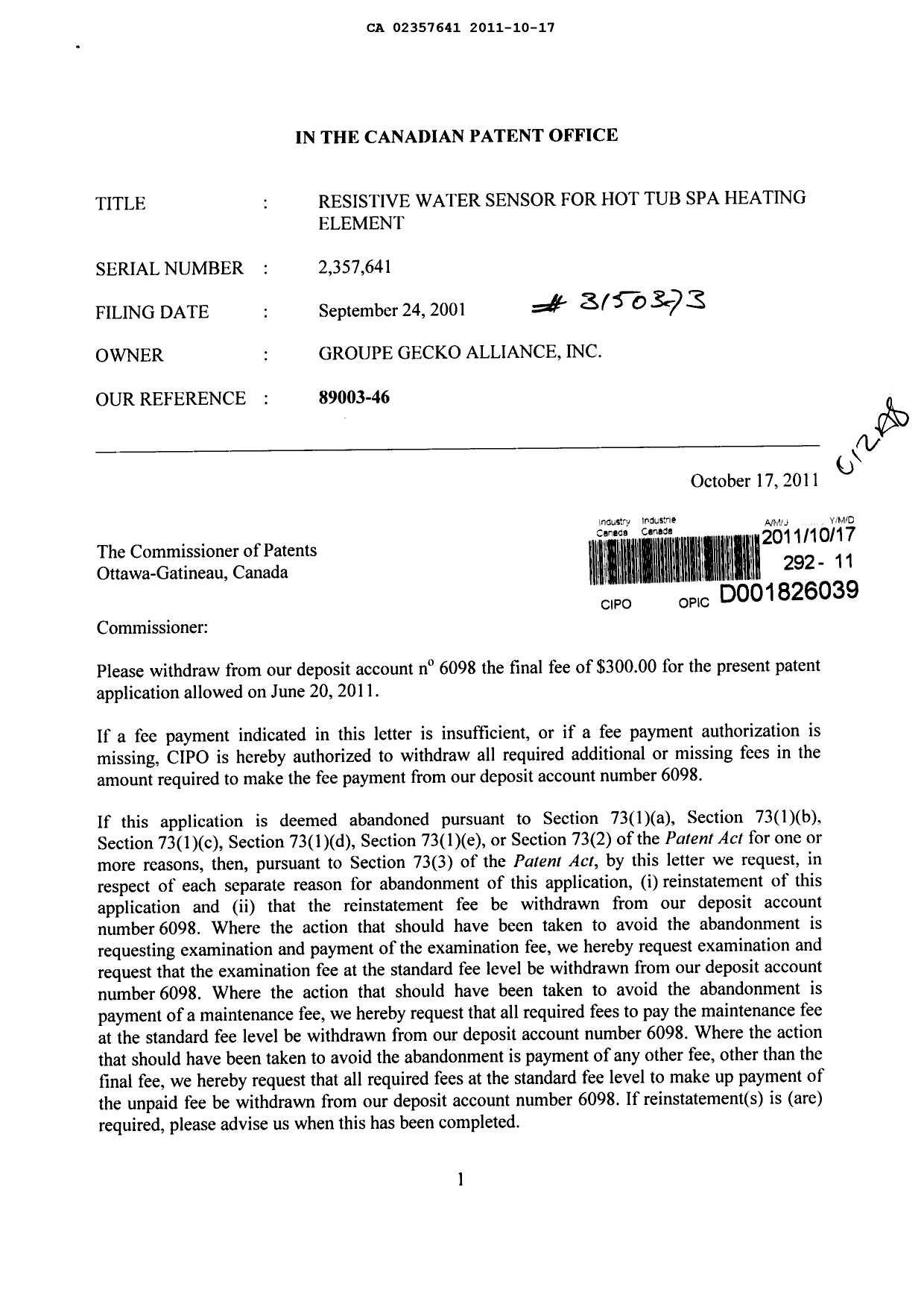 Canadian Patent Document 2357641. Correspondence 20111017. Image 1 of 1