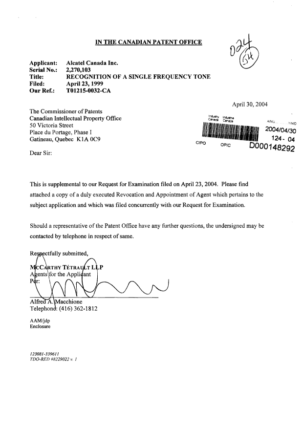Document de brevet canadien 2357932. Correspondance 20040430. Image 1 de 6