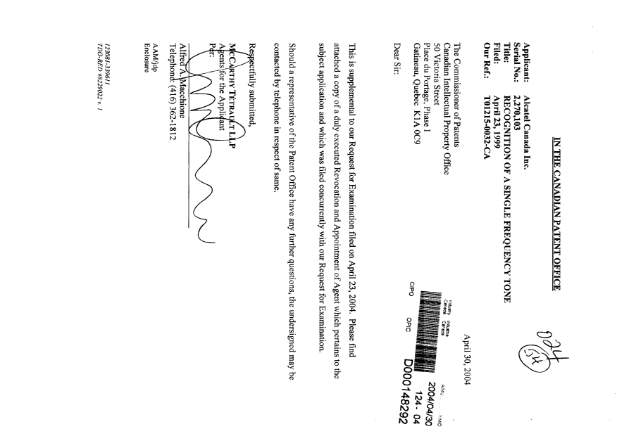 Canadian Patent Document 2357932. Correspondence 20040430. Image 1 of 6