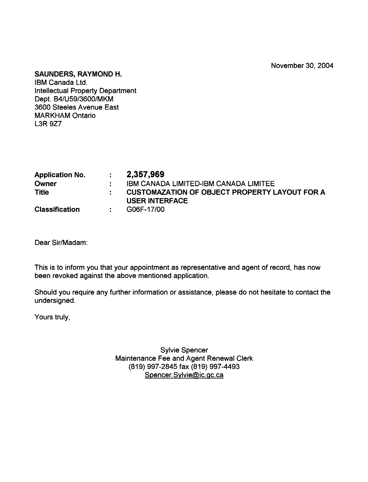 Document de brevet canadien 2357969. Correspondance 20041130. Image 1 de 1