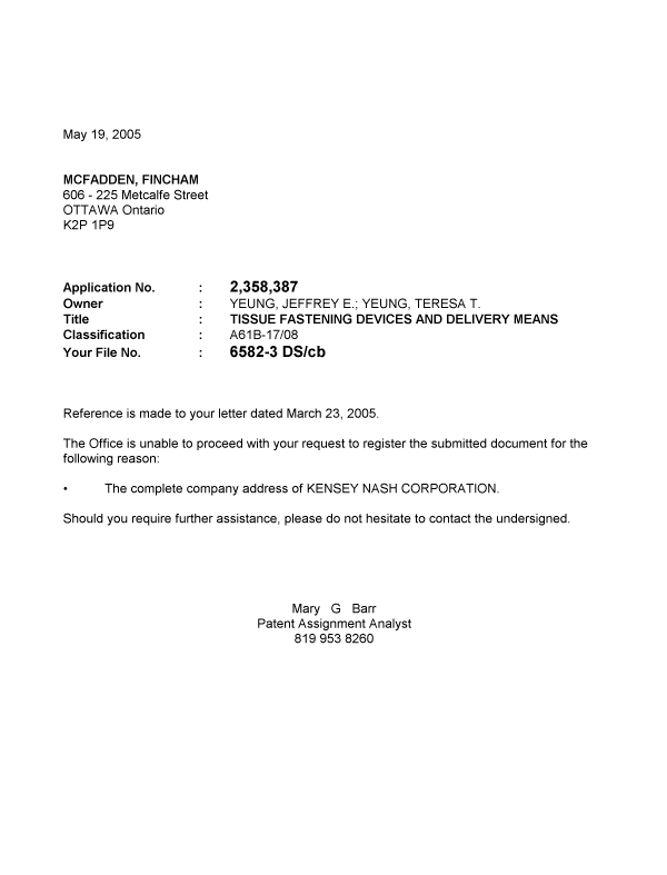Canadian Patent Document 2358387. Correspondence 20050519. Image 1 of 1