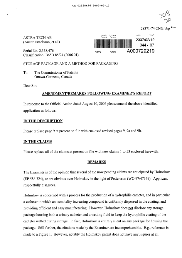 Document de brevet canadien 2358476. Poursuite-Amendment 20070212. Image 1 de 14