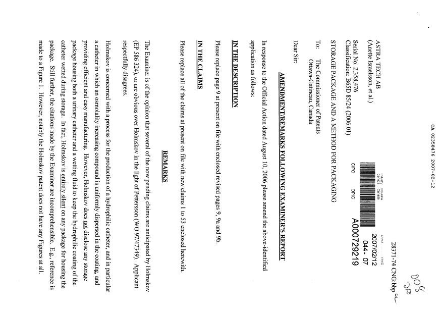 Canadian Patent Document 2358476. Prosecution-Amendment 20070212. Image 1 of 14