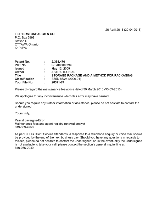 Document de brevet canadien 2358476. Correspondance 20150420. Image 1 de 1
