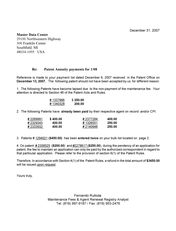 Canadian Patent Document 2358525. Correspondence 20061231. Image 1 of 1
