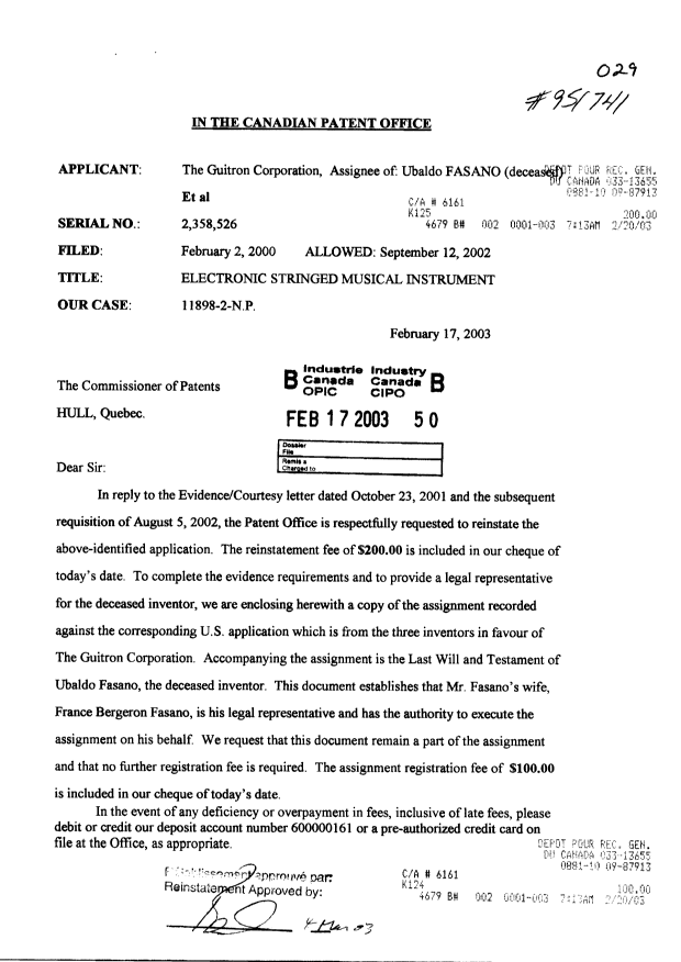 Document de brevet canadien 2358526. Correspondance 20030217. Image 1 de 13