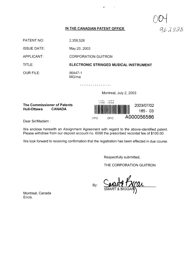 Document de brevet canadien 2358526. Cession 20030702. Image 1 de 3
