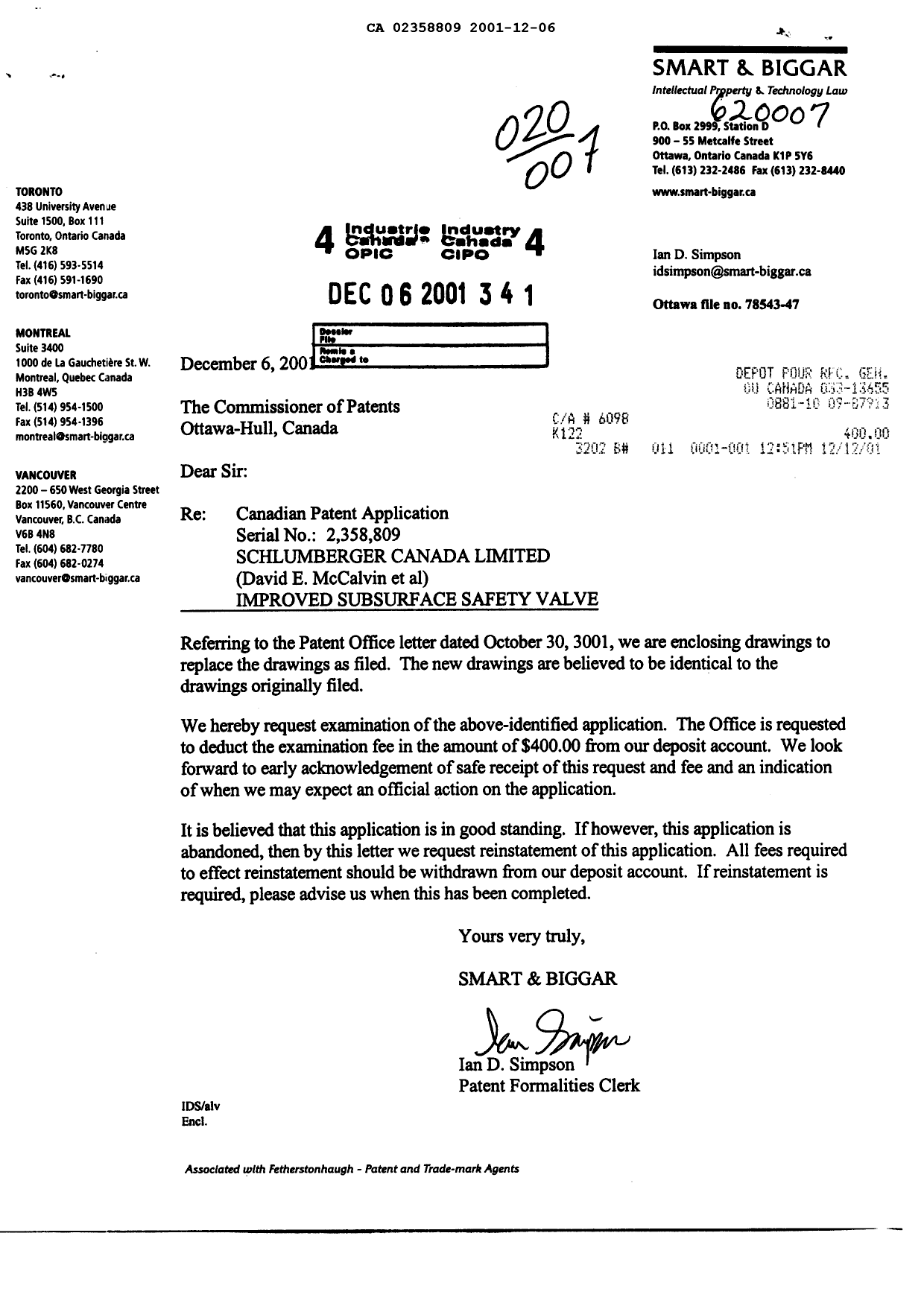 Canadian Patent Document 2358809. Prosecution-Amendment 20011206. Image 1 of 1
