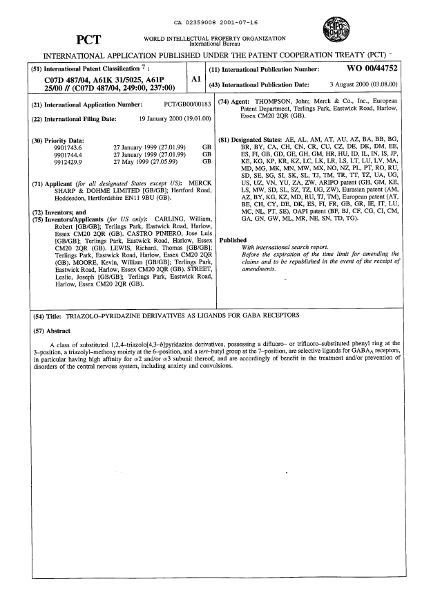 Canadian Patent Document 2359008. Abstract 20001216. Image 1 of 2