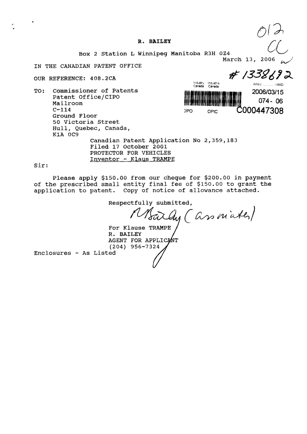 Document de brevet canadien 2359183. Correspondance 20060315. Image 1 de 2