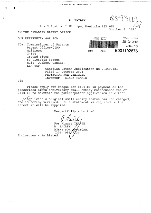 Canadian Patent Document 2359183. Fees 20101012. Image 1 of 1