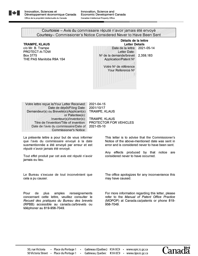 Document de brevet canadien 2359183. Lettre du bureau 20210514. Image 1 de 1