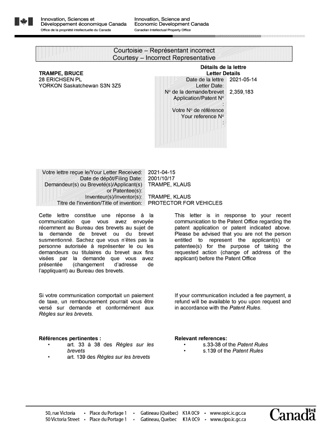 Document de brevet canadien 2359183. Lettre du bureau 20210514. Image 1 de 2