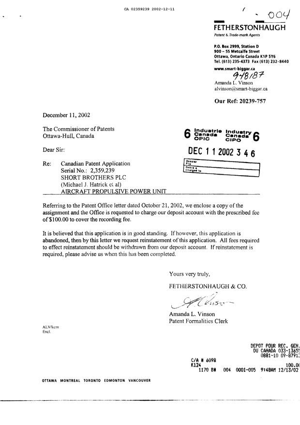Document de brevet canadien 2359239. Cession 20021211. Image 1 de 2