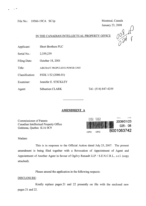 Document de brevet canadien 2359239. Correspondance 20080123. Image 1 de 4