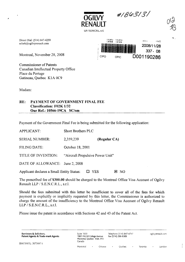 Canadian Patent Document 2359239. Correspondence 20081128. Image 1 of 2