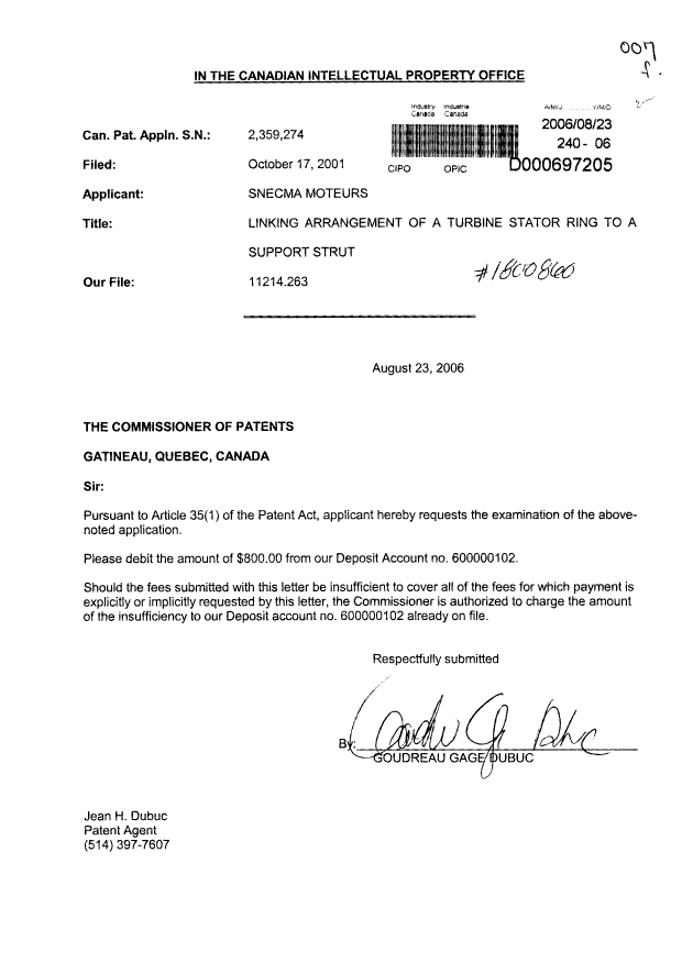 Canadian Patent Document 2359274. Prosecution-Amendment 20060823. Image 1 of 1