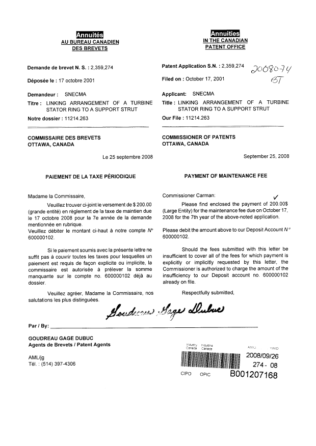 Canadian Patent Document 2359274. Fees 20080926. Image 1 of 1