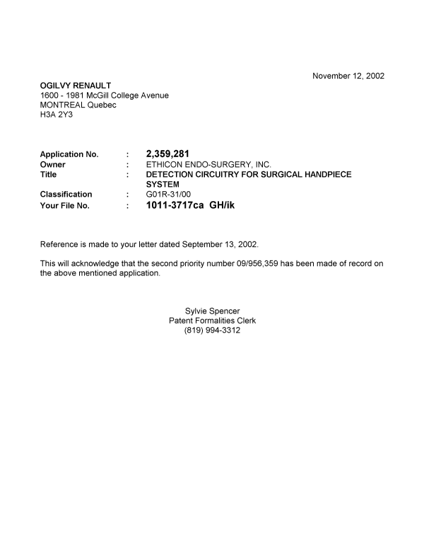 Canadian Patent Document 2359281. Correspondence 20021106. Image 1 of 1