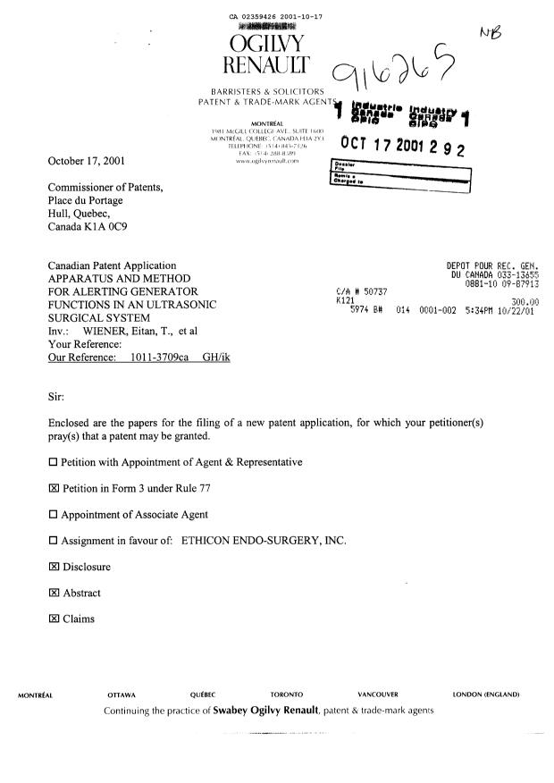 Document de brevet canadien 2359426. Cession 20011017. Image 1 de 3