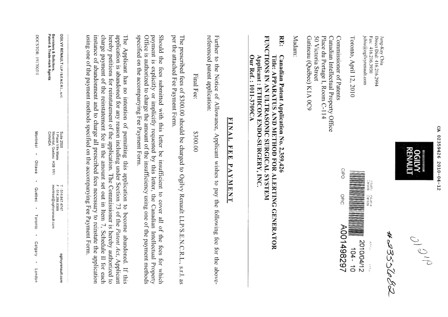 Canadian Patent Document 2359426. Correspondence 20100412. Image 1 of 2