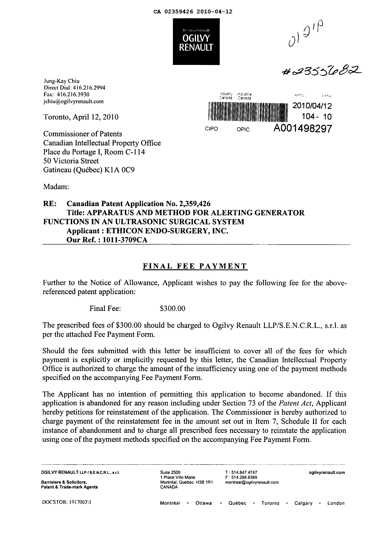 Canadian Patent Document 2359426. Correspondence 20100412. Image 1 of 2