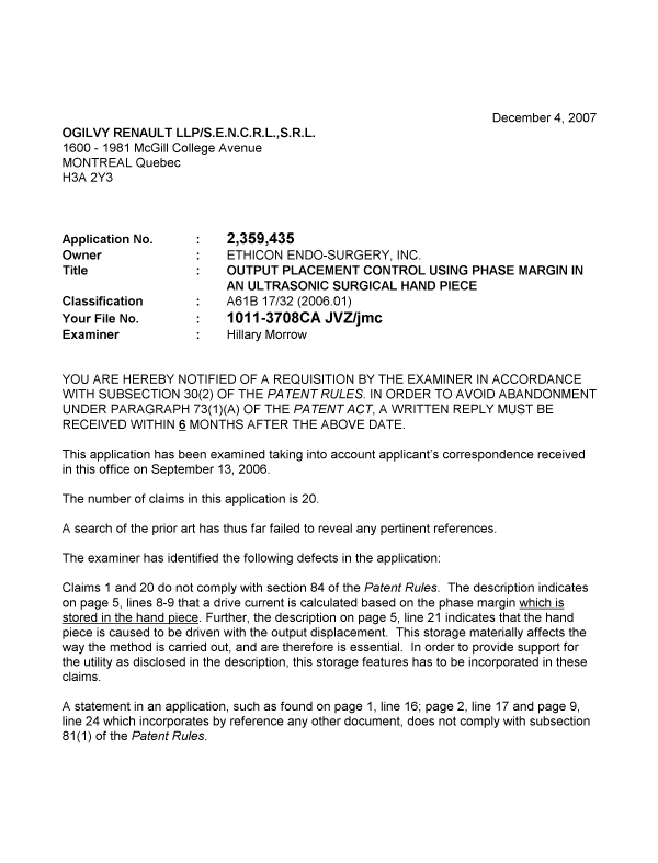 Document de brevet canadien 2359435. Poursuite-Amendment 20071204. Image 1 de 2