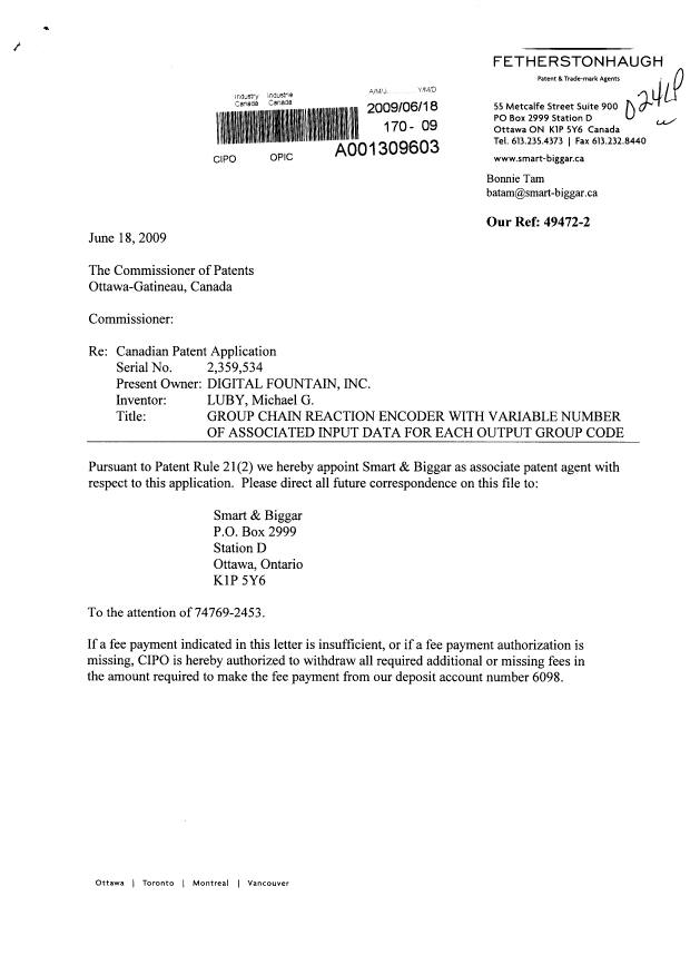 Document de brevet canadien 2359534. Correspondance 20090618. Image 1 de 2