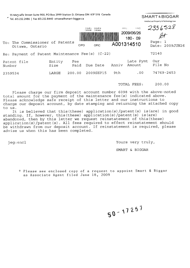Document de brevet canadien 2359534. Taxes 20090626. Image 1 de 3