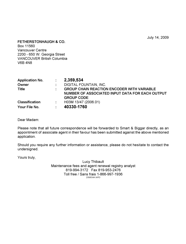 Document de brevet canadien 2359534. Correspondance 20090714. Image 1 de 1