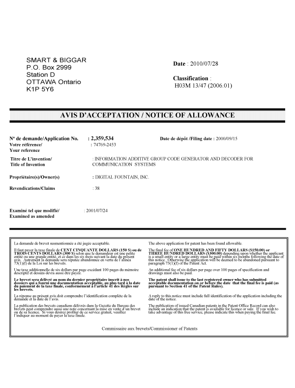Document de brevet canadien 2359534. Poursuite-Amendment 20100809. Image 1 de 1