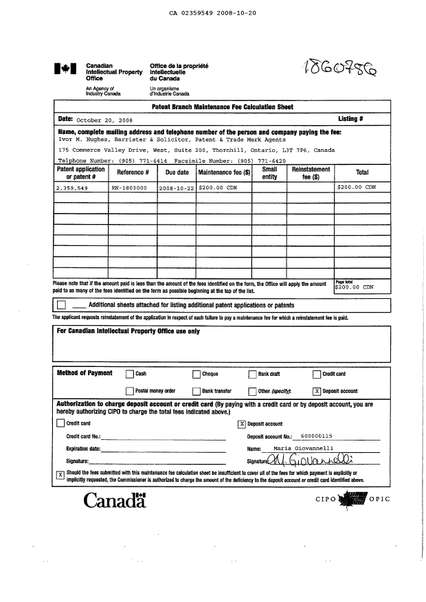 Canadian Patent Document 2359549. Fees 20081020. Image 3 of 3