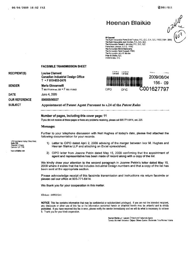 Document de brevet canadien 2359549. Correspondance 20090604. Image 1 de 11