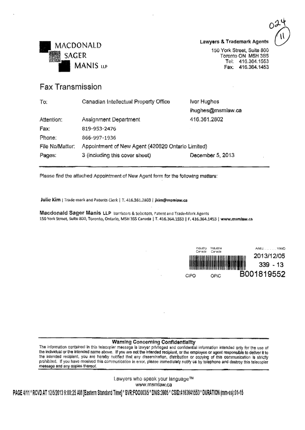 Canadian Patent Document 2359549. Correspondence 20131205. Image 1 of 3