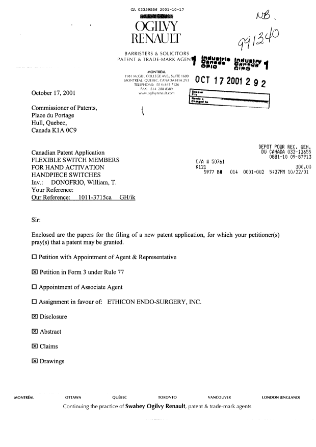 Document de brevet canadien 2359556. Cession 20011017. Image 1 de 3