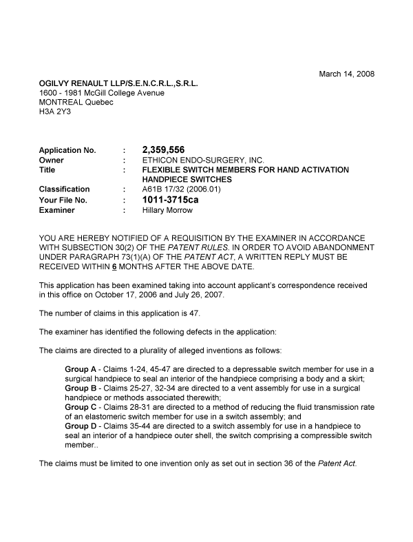 Document de brevet canadien 2359556. Poursuite-Amendment 20080314. Image 1 de 2