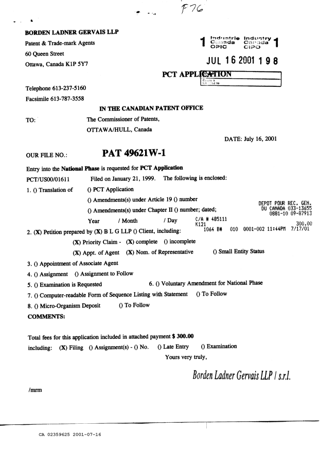 Document de brevet canadien 2359625. Cession 20010716. Image 1 de 3