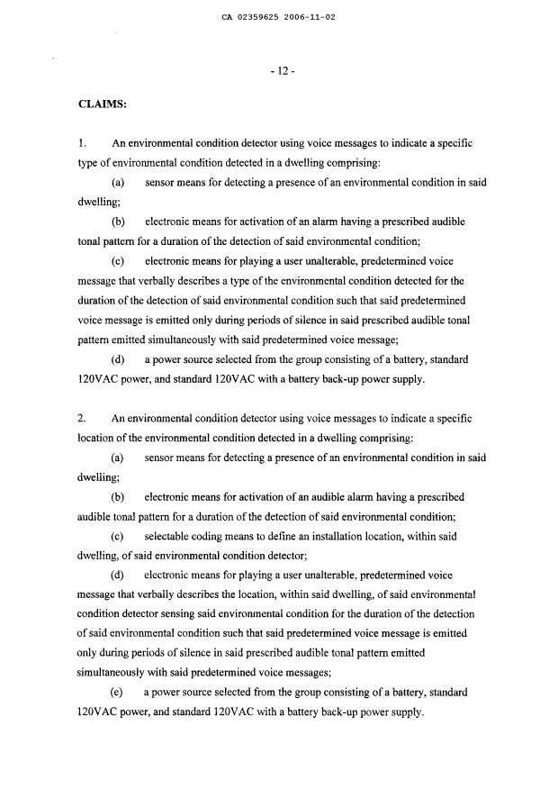 Document de brevet canadien 2359625. Revendications 20061102. Image 1 de 12